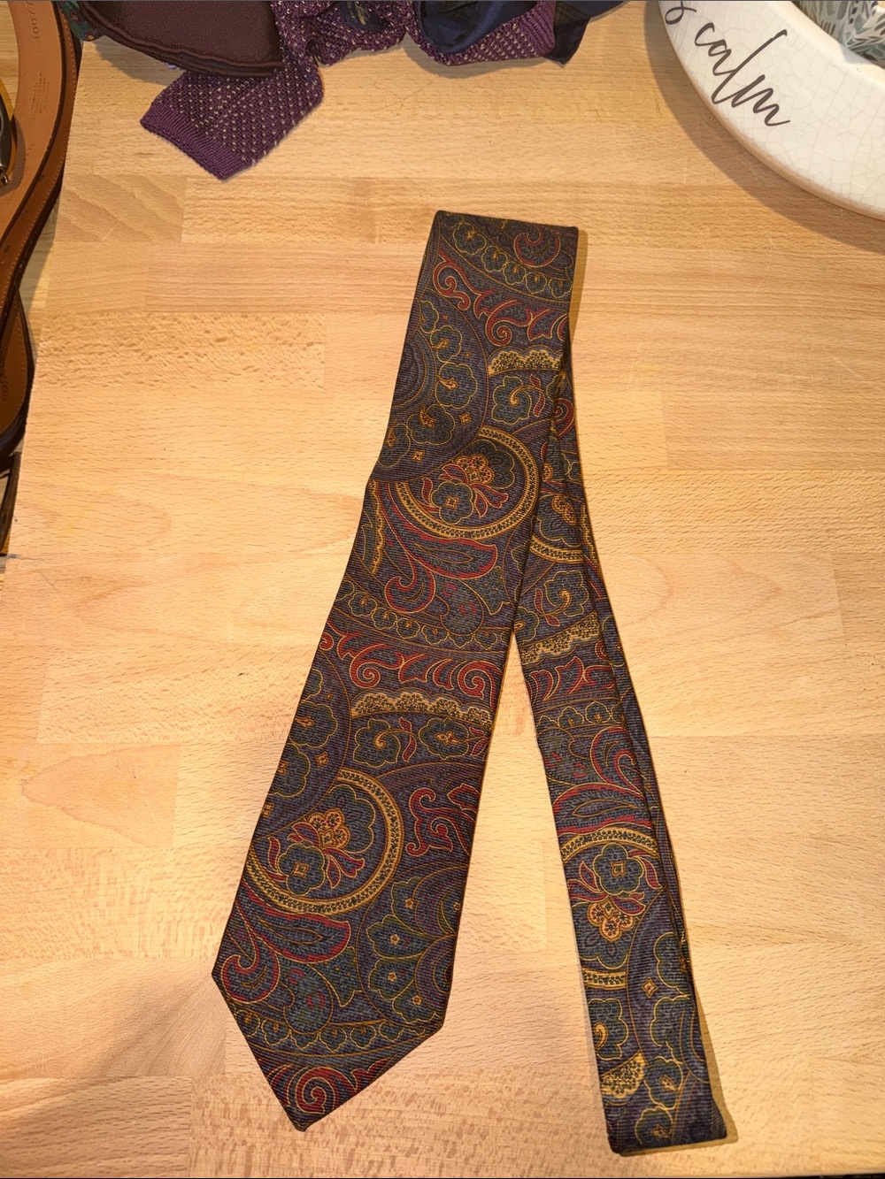 Brooks Brothers Navy Silk Paisley Tie with Gold & Red Accents